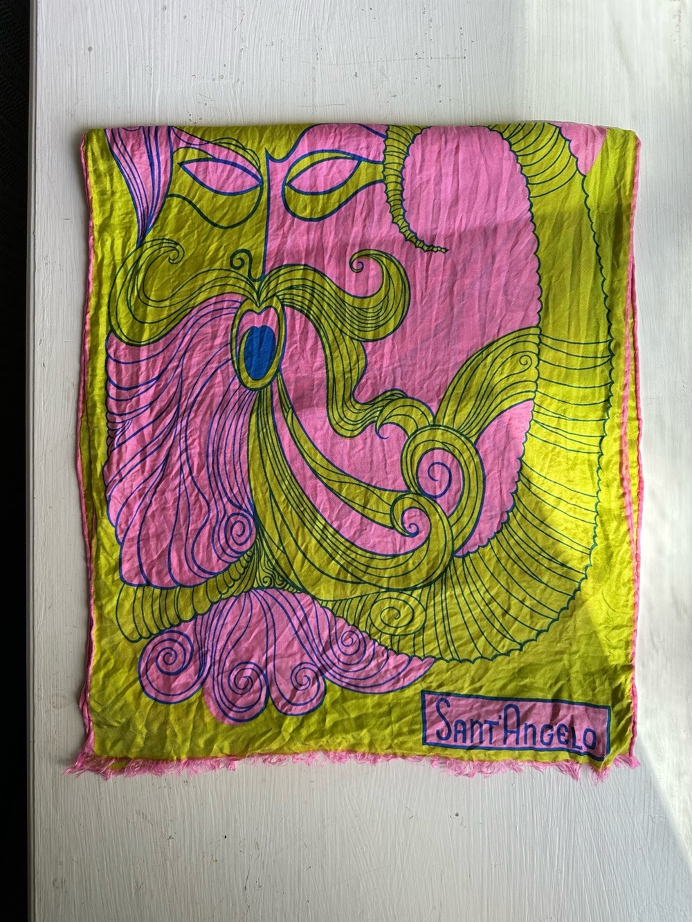 Sant Angelo Psychedelic Face Scarf Neon Pink Green Mod Retro Fringe Wrap - Picture 3 of 7